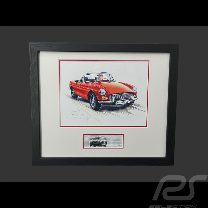 MG-B Rahmen Cabriolet 1962 Schwarzer Holzrahmen mit Skizze 25 x 30 cm - Uli Ehret