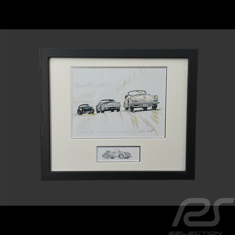 Porsche Frame 356 C / 904 / 356 A Coupé 1963 Black Wooden Frame with Sketch 25 x 30 cm - Uli Ehret