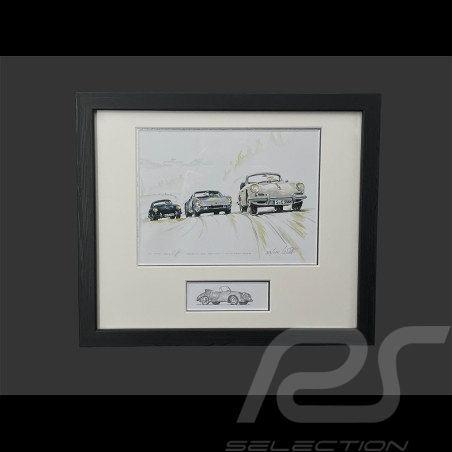 Porsche Frame 356 C / 904 / 356 A Coupé 1963 Black Wooden Frame with Sketch 25 x 30 cm - Uli Ehret