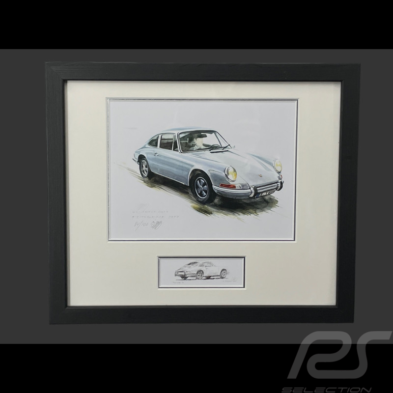 Porsche Frame 911 Coupe 1964 Black Wooden Frame with Sketch 25 x 30 cm - Uli Ehret