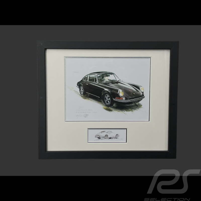 Cadre Porsche 911 Coupe 1964 Cadre en Bois Noir avec esquisse 25 x 30 cm - Uli Ehret