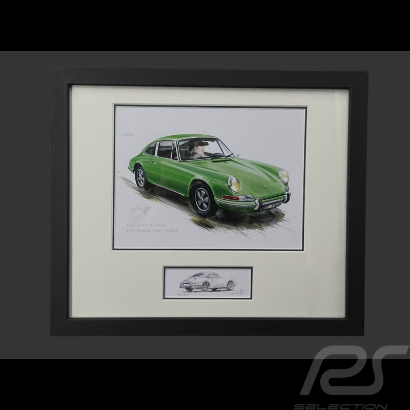 Porsche Rahmen 911 Coupe 1964 Schwarzer Holzrahmen mit Skizze 25 x 30 cm - Uli Ehret