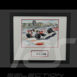 Ayrton Senna Rahmen McLaren MP4/4 n° 12 GP Monaco 1988 F1 Schwarzer Holzrahmen mit Skizze 25 x 30 cm - Uli Ehret