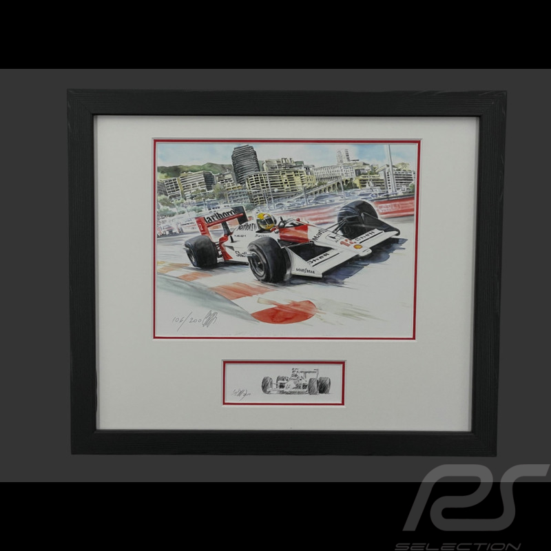 Ayrton Senna Rahmen McLaren MP4/4 n° 12 GP Monaco 1988 F1 Schwarzer Holzrahmen mit Skizze 25 x 30 cm - Uli Ehret