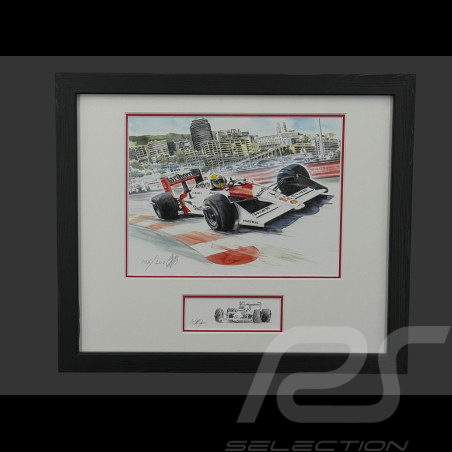 Ayrton Senna Rahmen McLaren MP4/4 n° 12 GP Monaco 1988 F1 Schwarzer Holzrahmen mit Skizze 25 x 30 cm - Uli Ehret