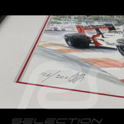 Ayrton Senna Rahmen McLaren MP4/4 n° 12 GP Monaco 1988 F1 Schwarzer Holzrahmen mit Skizze 25 x 30 cm - Uli Ehret