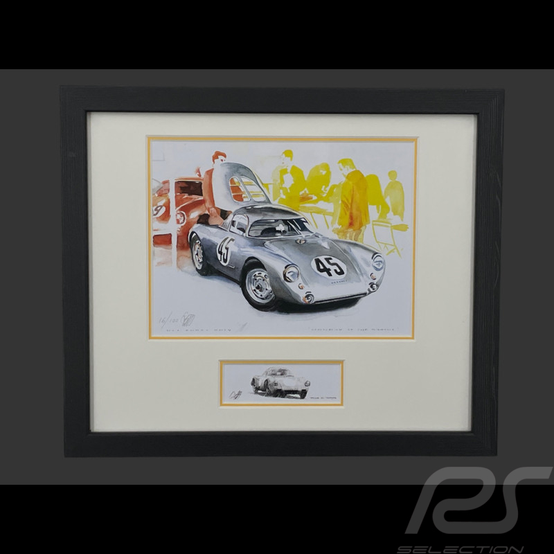 Cadre Porsche 550A Coupé n° 25 24h Le Mans 1956 Cadre en Bois Noir avec esquisse 25 x 30 cm - Uli Ehret