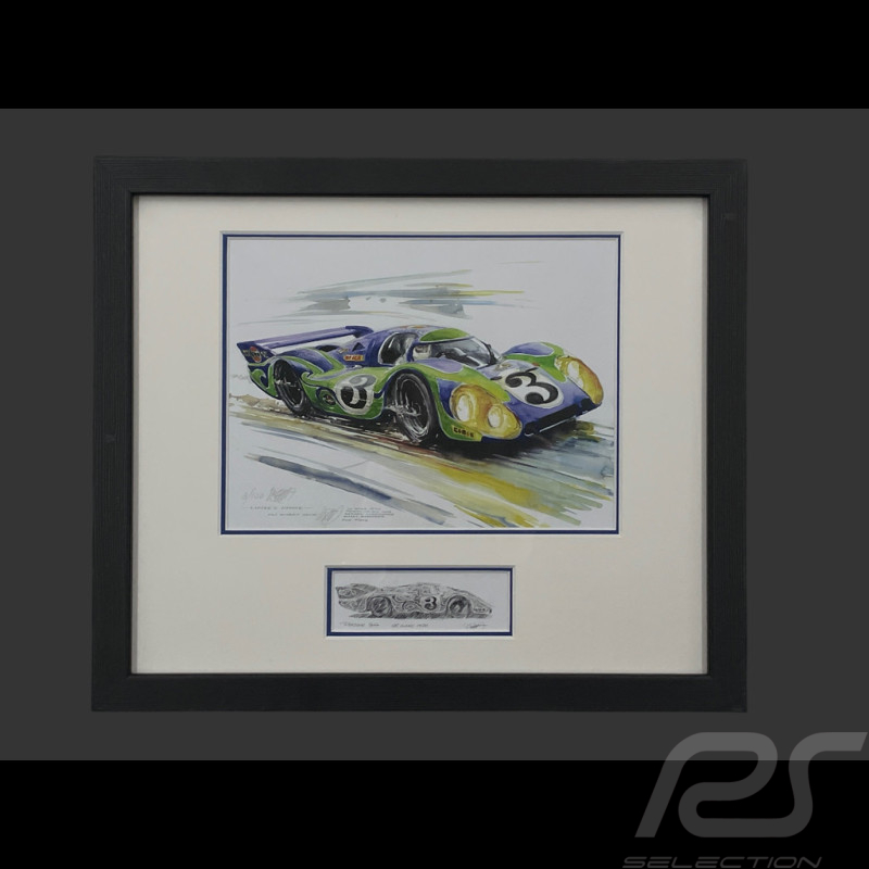 Porsche Frame 917 LH n° 3 "Hippie" 24h Le Mans 1970 Black Wooden Frame with Sketch 25 x 30 cm - Uli Ehret