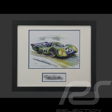 Cadre Porsche 917 LH n° 3 "Hippie" 24h Le Mans 1970 Cadre en Bois Noir avec esquisse 25 x 30 cm - Uli Ehret