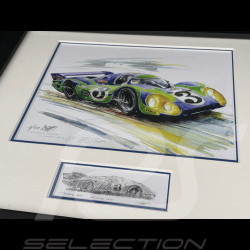 Porsche Frame 917 LH n° 3 "Hippie" 24h Le Mans 1970 Black Wooden Frame with Sketch 25 x 30 cm - Uli Ehret