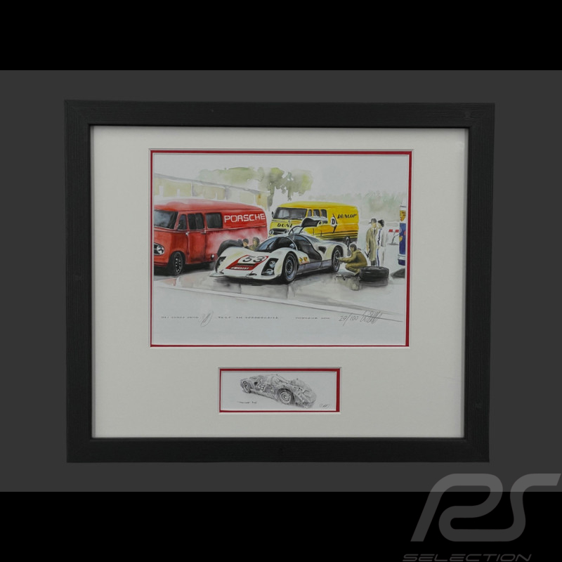 Cadre Porsche 906 n° 53 Nürburgring Porsche Testday 1962 Cadre en Bois Noir avec esquisse 25 x 30 cm - Uli Ehret