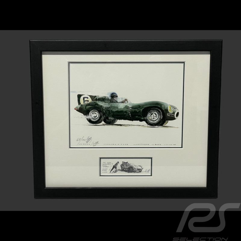 Jaguar Rahmen D-Type n° 6 Vainqueur 24h Le Mans 1955 Schwarzer Holzrahmen mit Skizze 25 x 30 cm - Uli Ehret