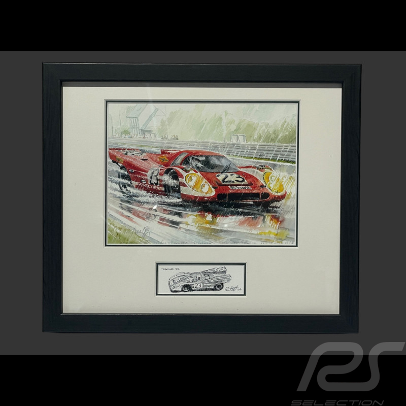 Cadre Porsche 917 KH n° 23 Vainqueur 24h Le Mans 1970 Cadre en Bois Noir avec esquisse 25 x 30 cm - Uli Ehret