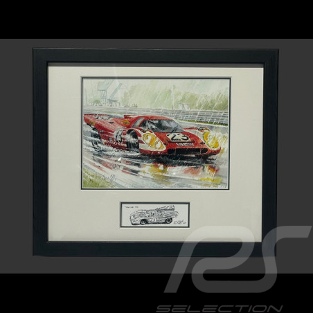 Porsche Frame 917 KH n° 23 Winner 24h Le Mans 1970 Black Wooden Frame with Sketch 25 x 30 cm - Uli Ehret