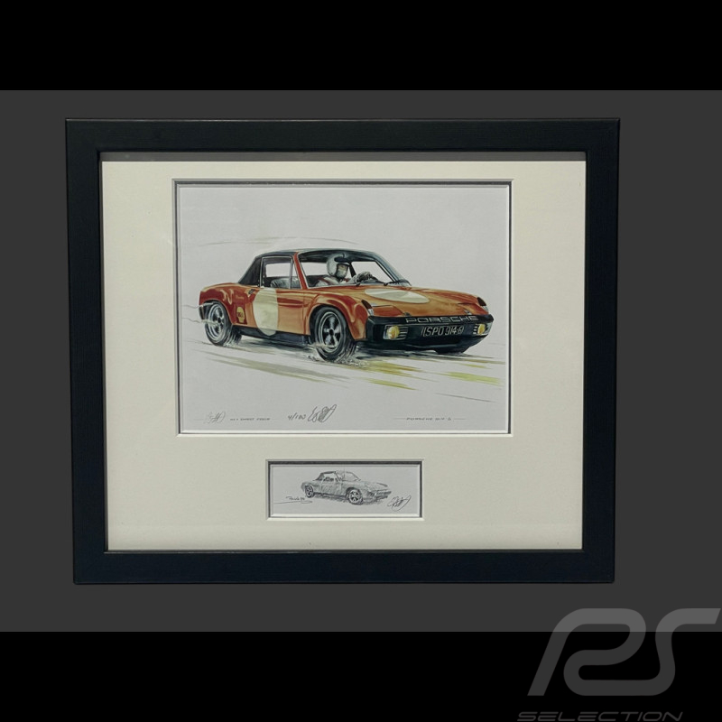 Porsche Rahmen 914/6 1970 Schwarzer Holzrahmen mit Skizze 25 x 30 cm - Uli Ehret