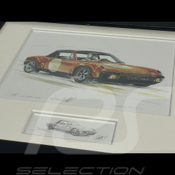 Porsche Rahmen 914/6 1970 Schwarzer Holzrahmen mit Skizze 25 x 30 cm - Uli Ehret