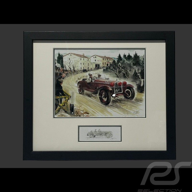 Cadre Alfa Romeo 6C 1750 Gran Sport Mille Miglia 1929 Cadre en Bois Noir avec esquisse 25 x 30 cm - Uli Ehret