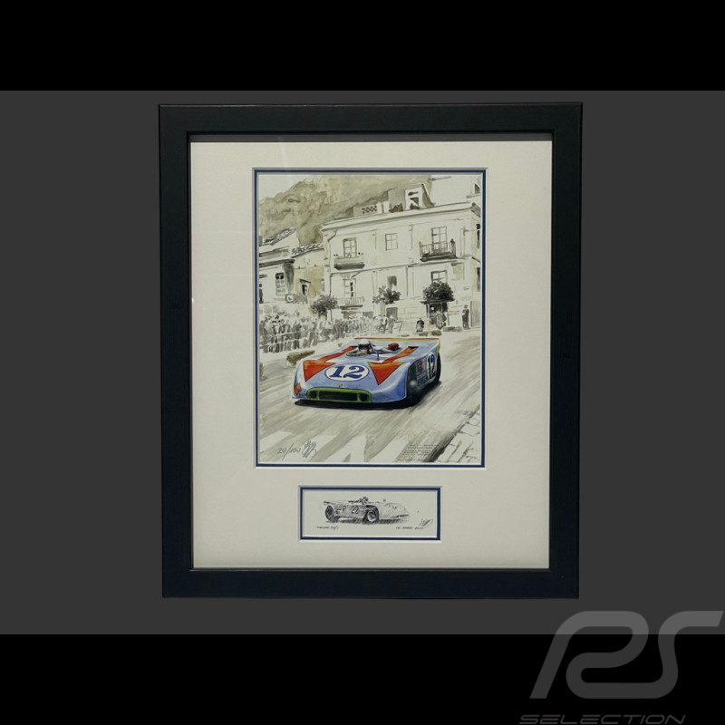 Cadre Porsche 908/3 N° 12 Jo Siffert Gagnant "Targa Florio" 1970 Cadre en Bois Noir avec esquisse 25 x 30 cm - Uli Ehret