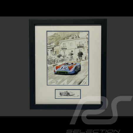 Porsche Rahmen 908/3 N° 12 Jo Siffert Sieger "Targa Florio" 1970 Schwarzer Holzrahmen mit Skizze 25 x 30 cm - Uli Ehret