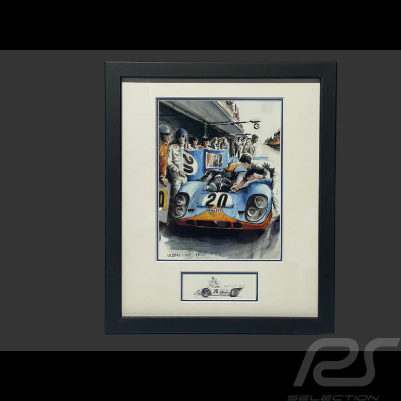 Steve McQueen Frame Porsche 917K n° 20 24h Le Mans 1970 Black Wooden Frame with Sketch 25 x 30 cm - Uli Ehret