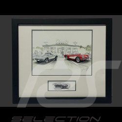 Chevrolet Frame Corvette C1 Convertible 1960 / C2 Stingray 1963 Black Wooden Frame with Sketch 25 x 30 cm - Uli Ehret