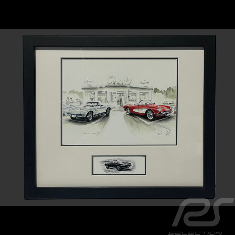 Chevrolet Rahmen Corvette C1 Convertible 1960 / C2 Stingray 1963 Schwarzer Holzrahmen mit Skizze 25 x 30 cm - Uli Ehret