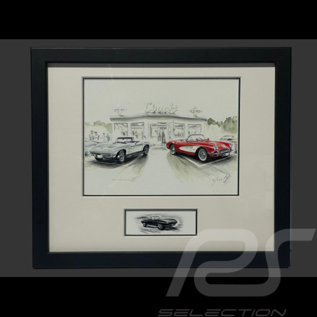 Chevrolet Frame Corvette C1 Convertible 1960 / C2 Stingray 1963 Black Wooden Frame with Sketch 25 x 30 cm - Uli Ehret