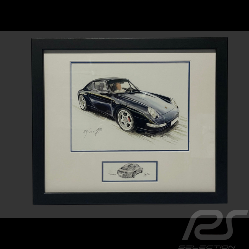 Porsche Rahmen 911 Coupe Typ 993 1998 Schwarzer Holzrahmen mit Skizze 25 x 30 cm - Uli Ehret