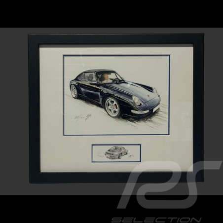 Porsche Rahmen 911 Coupe Typ 993 1998 Schwarzer Holzrahmen mit Skizze 25 x 30 cm - Uli Ehret