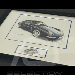 Porsche Frame 911 Coupe Type 993 1998 Black Wooden Frame with Sketch 25 x 30 cm - Uli Ehret