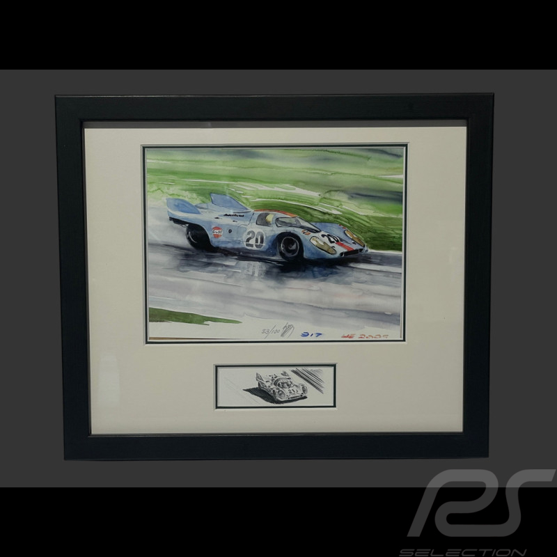 Cadre Porsche 917 N° 20 24h LeMans 1970 Cadre en Bois Noir avec esquisse 25 x 30 cm - Uli Ehret