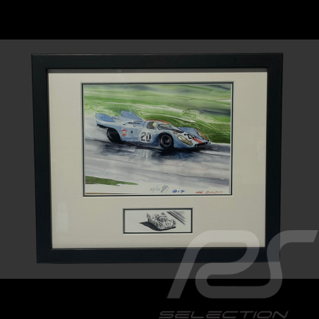Cadre Porsche 917 N° 20 24h LeMans 1970 Cadre en Bois Noir avec esquisse 25 x 30 cm - Uli Ehret