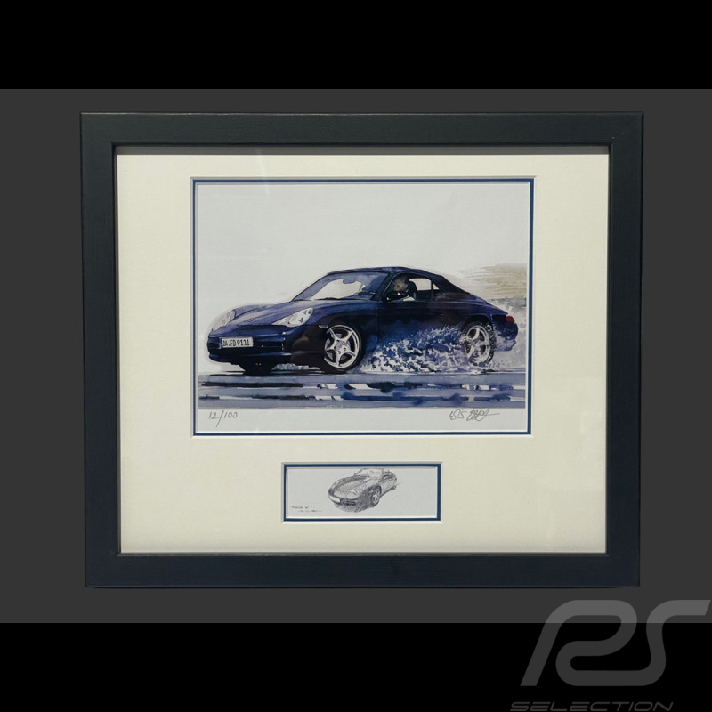 Cadre Porsche 911 Type 996 Cabriolet 1997 Cadre en Bois Noir avec esquisse 25 x 30 cm - Uli Ehret