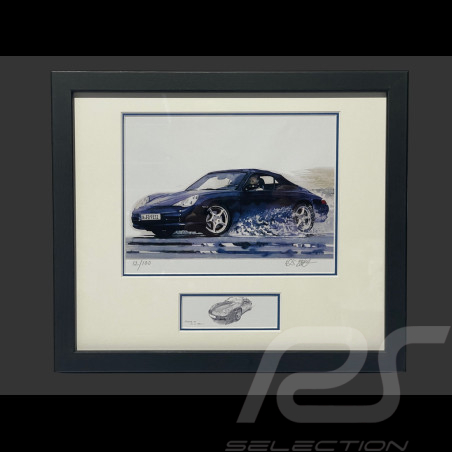 Porsche Rahmen 911 Typ 996 Cabriolet 1997 Schwarzer Holzrahmen mit Skizze 25 x 30 cm - Uli Ehret