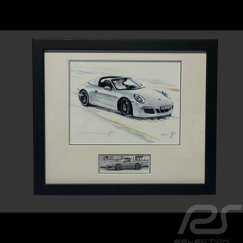 Porsche Frame 911 Targa Type 997 2016 Black Wooden Frame with Sketch 25 x 30 cm - Uli Ehret