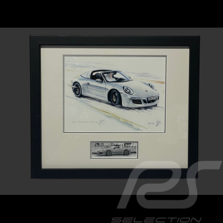 Porsche Frame 911 Targa Type 997 2016 Black Wooden Frame with Sketch 25 x 30 cm - Uli Ehret