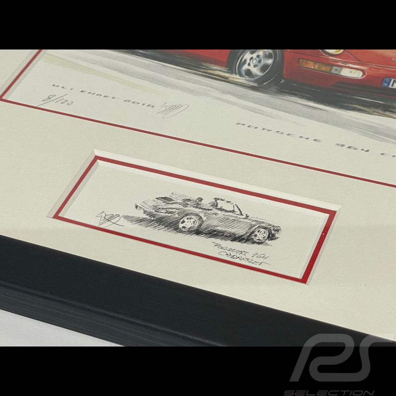 Porsche Rahmen 911 Typ 964 Cabriolet 1988 Schwarzer Holzrahmen mit Skizze 25 x 30 cm - Uli Ehret