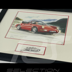 Cadre Porsche 911 Type 964 Cabriolet 1988 Cadre en Bois Noir avec esquisse 25 x 30 cm - Uli Ehret