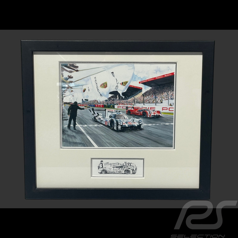 Porsche Frame 919 Hybrid n° 19 Winner 24h Le Mans 2015 Black Wooden Frame with Sketch 25 x 30 cm - Uli Ehret