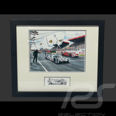 Cadre Porsche 919 Hybrid n° 19 Vainqueur 24h Le Mans 2015 Cadre en Bois Noir avec esquisse 25 x 30 cm - Uli Ehret