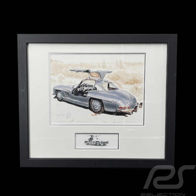 Mercedes-Benz Rahmen 300 SL 1954 Schwarzer Holzrahmen mit Skizze 25 x 30 cm - Uli Ehret