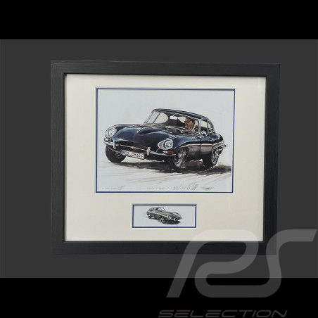 Jaguar Rahmen E-Typ Coupe 1961 Schwarzer Holzrahmen mit Skizze 25 x 30 cm - Uli Ehret