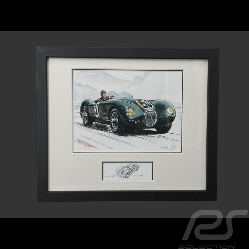 Jaguar Rahmen C-Typ n° 50 Nürburgring 1953 Schwarzer Holzrahmen mit Skizze 25 x 30 cm - Uli Ehret