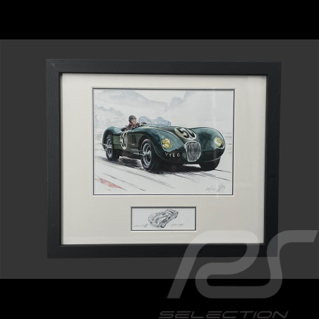Cadre Jaguar C-Type n° 50 Nürburgring 1953 Cadre en Bois Noir avec esquisse 25 x 30 cm - Uli Ehret