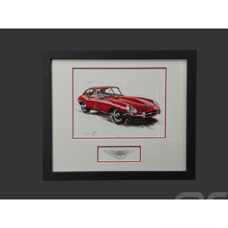 Cadre Jaguar E-Type Série 1 1962 Cadre en Bois Noir avec esquisse 25 x 30 cm - Uli Ehret