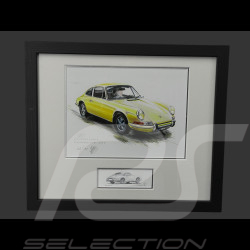 Cadre Porsche 911 Coupe 1967 Jaune Cadre en Bois Noir avec esquisse 25 x 30 cm - Uli Ehret