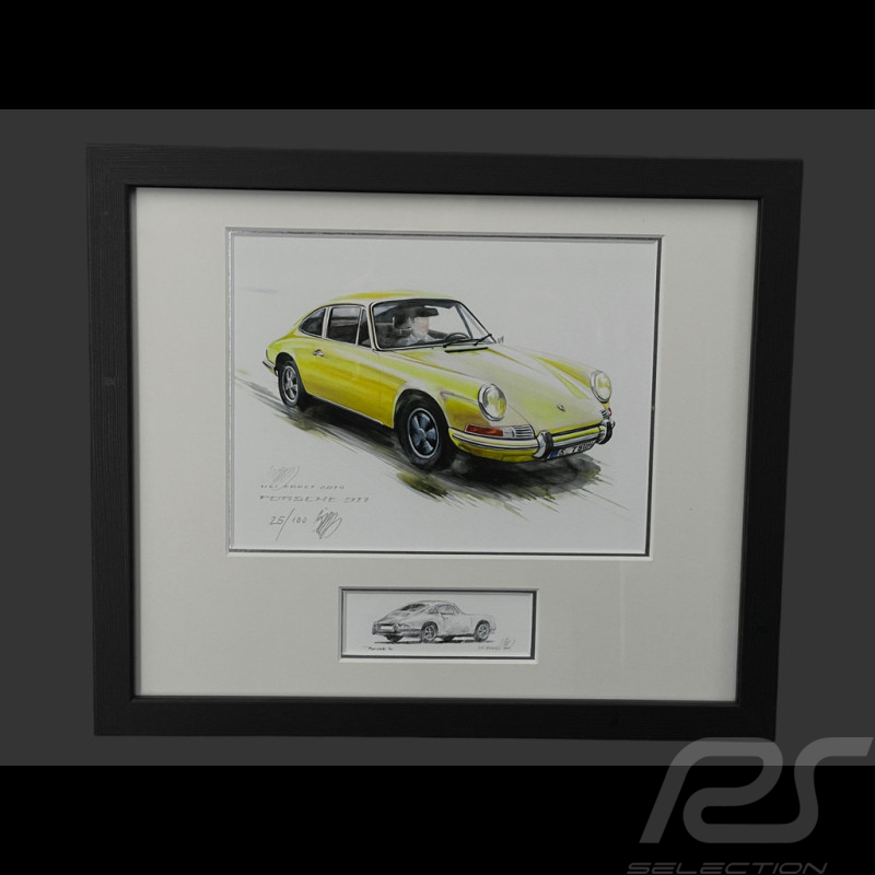 Cadre Porsche 911 Coupe 1967 Jaune Cadre en Bois Noir avec esquisse 25 x 30 cm - Uli Ehret