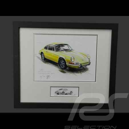 Porsche Rahmen 911 Coupe 1967 Gelb Schwarzer Holzrahmen mit Skizze 25 x 30 cm - Uli Ehret