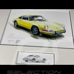 Porsche Rahmen 911 Coupe 1967 Gelb Schwarzer Holzrahmen mit Skizze 25 x 30 cm - Uli Ehret