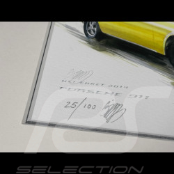 Porsche Frame 911 Coupe 1967 Yellow Black Wooden Frame with Sketch 25 x 30 cm - Uli Ehret